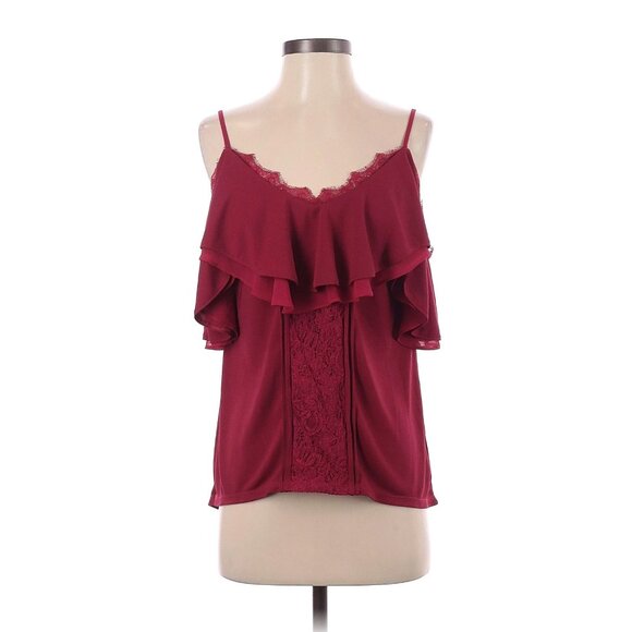 Size Small White House Black Market Dark Red Cold-Shoulder Lace Trim Top Blouse - Picture 4 of 8